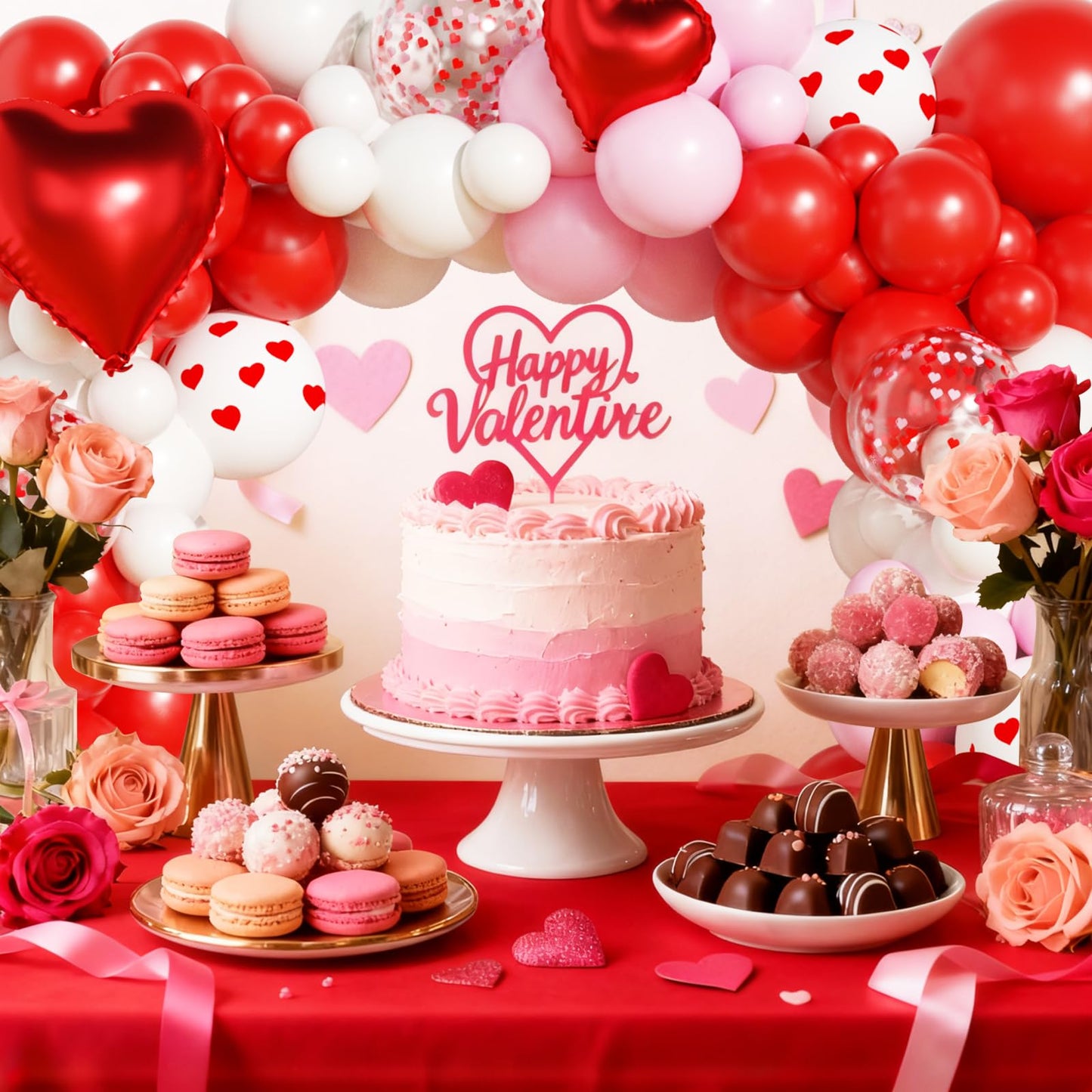 OTLGEUA Valentines Day Balloon Garland Arch Kit, Pink Red I Love You Balloons with Rose Petals for Bachelorette Bridal Wedding Engagement Birthday Galentines Romantic Valentines Party Decorations