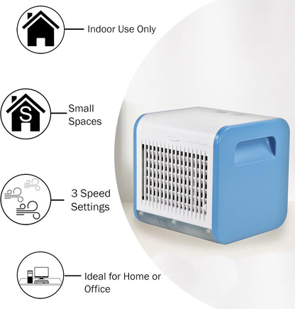 Comfort Zone CZAC10BL Mini Portable Air Conditioner, 3-Speed Personal Evaporative Cooler with Top-Fill Water Tank, Blue