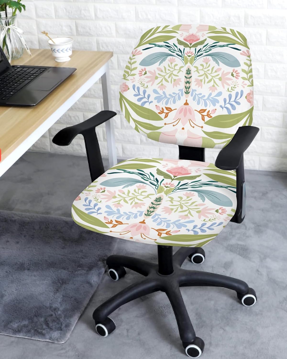 Green Blue Pink Floral Office Chair Cover, Stretchable Computer Chair Seat Cover, Backrest Slipcovers, Rustic Ethnic