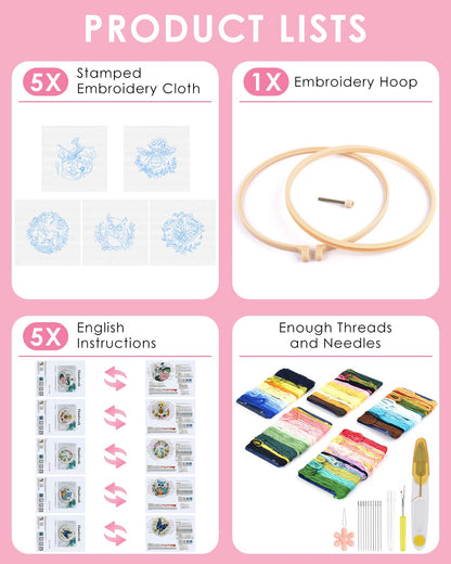 TINDTOP 5 Sets Embroidery Kit for Beginners Adult, Embroidery Kit for Beginners Include Embroidery Cloth Hoops Threads for Craft Lover Hand Stitch with Embroidery Skill Techniques