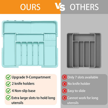 Homecor Silverware Organizer - Expandable Large Kitchen Drawer Organizer Utensil Organizer with 2 Removable Knife Blocks, 22"x 19"Cutlery Tray Drawer Dividers for Kitchen Flatware(6-9 Slots) (Black)
