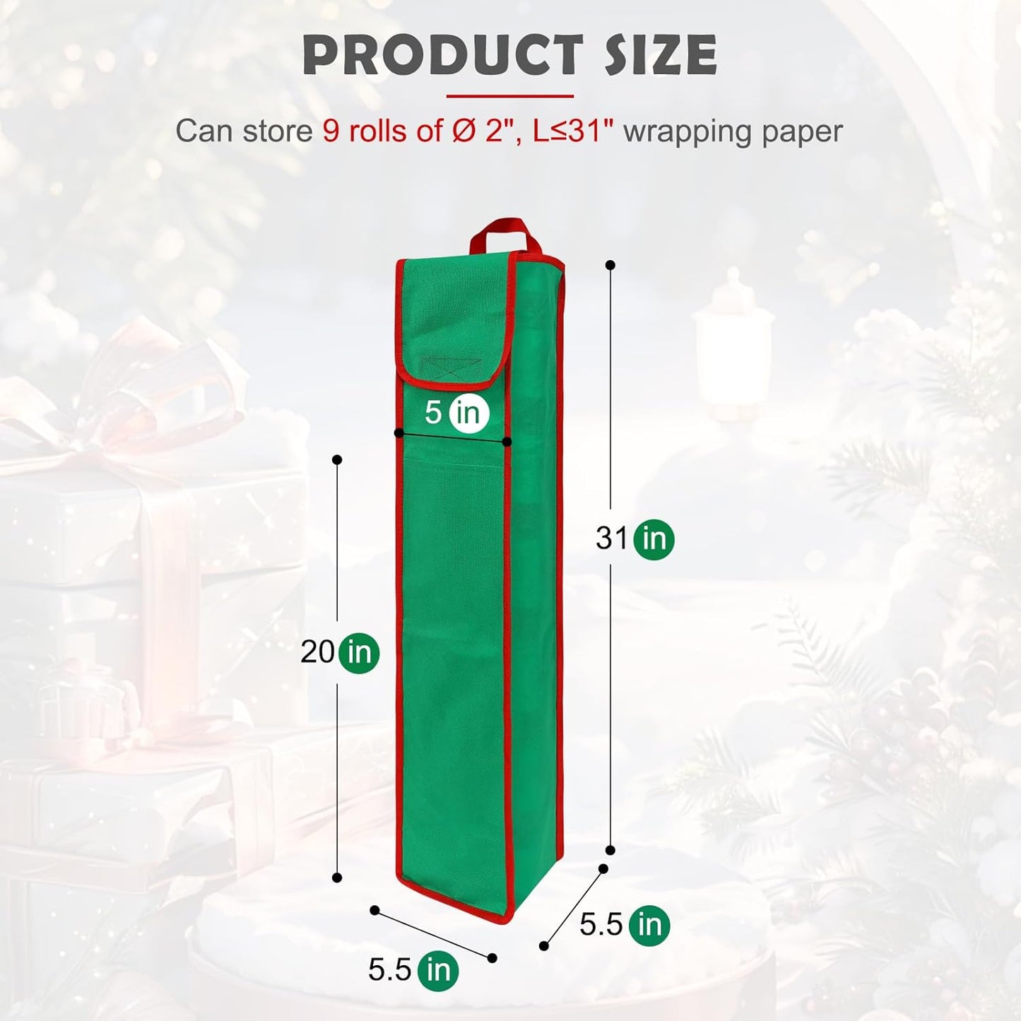bruwaa 2 Pcs Gift Wrapping Paper Organizer Storage Bag with Pocket and Handles, 29" x 5.5" x 5.5" (Green)