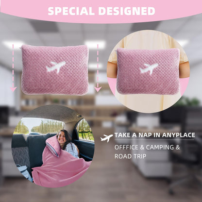 Nenolix 3 in 1 Travel Blanket Pillow Set - 350 GSM Thick Travel Blanket Airplane Compact with Bag, Soft Bag with a Pocket, Inflatable Travel Pillow for Camping & Car Trip (Blush Pink)