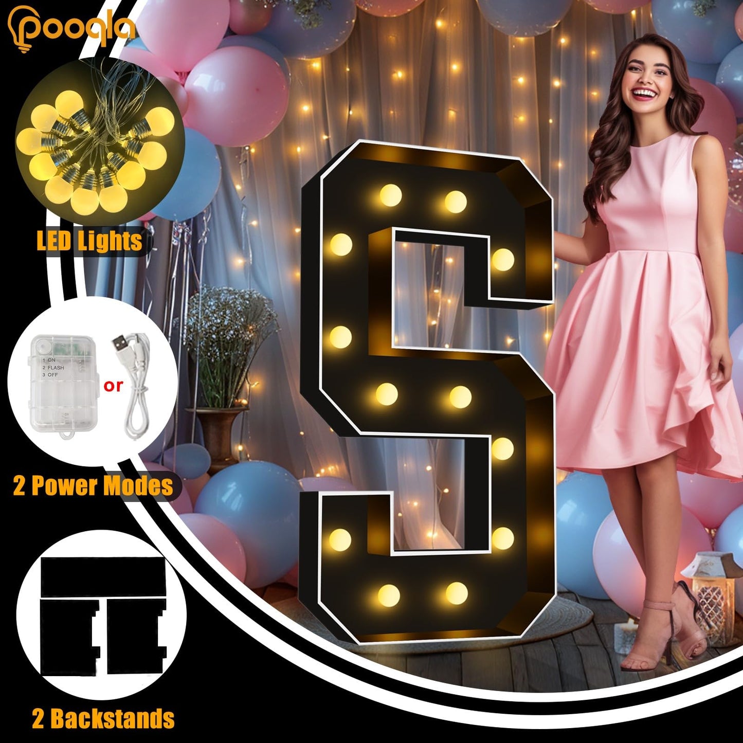 Pooqla 4 FT Marquee Light Up Letters, Black Letter Lights 4 Feet Tall, Giant Sign Big Mosaic for Balloons Birthday Party Anniversary Wedding Decorations, Warm White J