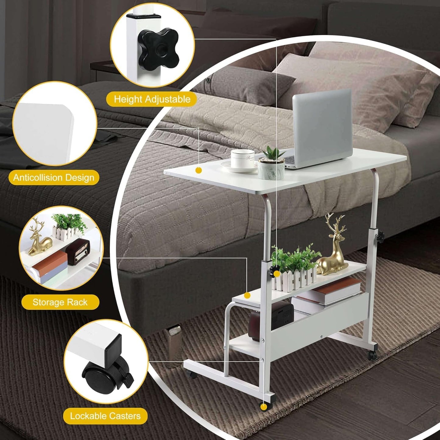 Adjustable Table Student Computer Portable Home Office Furniture Small Spaces Sofa Bedroom Bedside Desk Learn Play Game Desk on Wheels Movable with Storage Table Size 31.5 * 15.7 Inch,White D