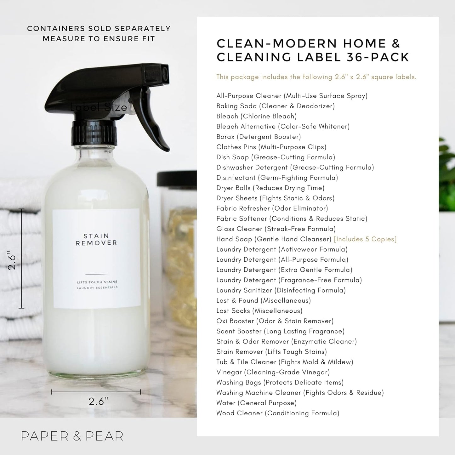 Clean-Modern White Bathroom Labels, Laundry & Cleaning Labels by Paper & Pear, Set of 36 Waterproof Labels