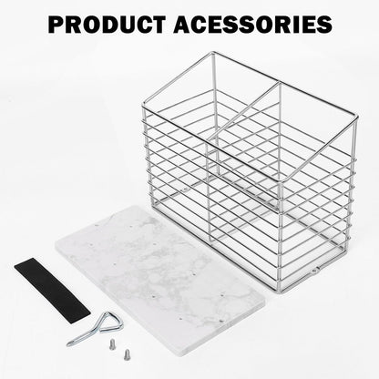 Utensil Holder for Kitchen Counter, Metal Rack for Cooking Tools Storage, Organizer with Drainage Hole (Chrome Marble)