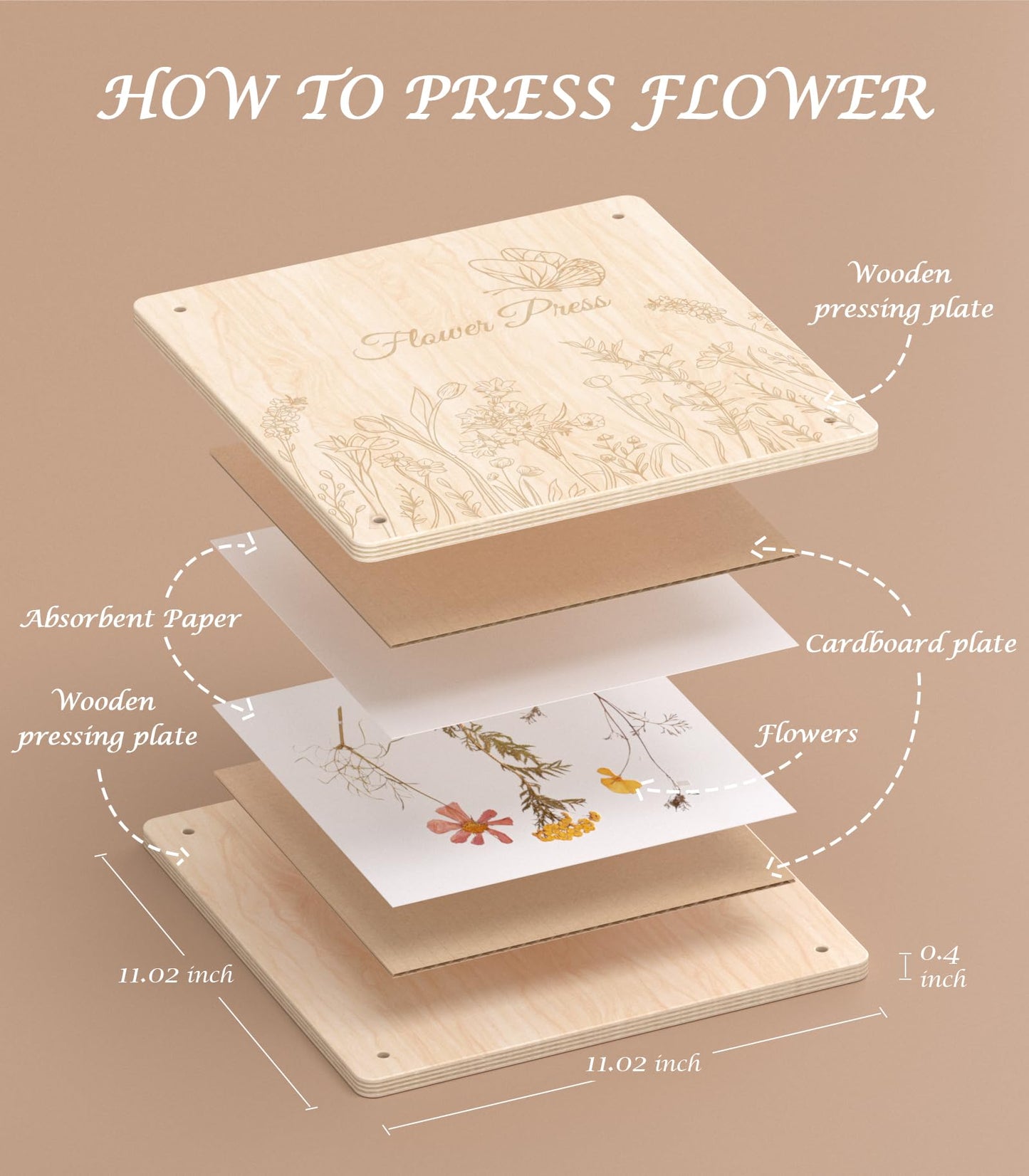 Wakhow Flower Press Kit – 11" x 11" Large Wooden Flower Presser for Adults & Teens | DIY Bouquet Preservation & Dried Flower Art | Ideal Gift for Nature & Craft Lovers