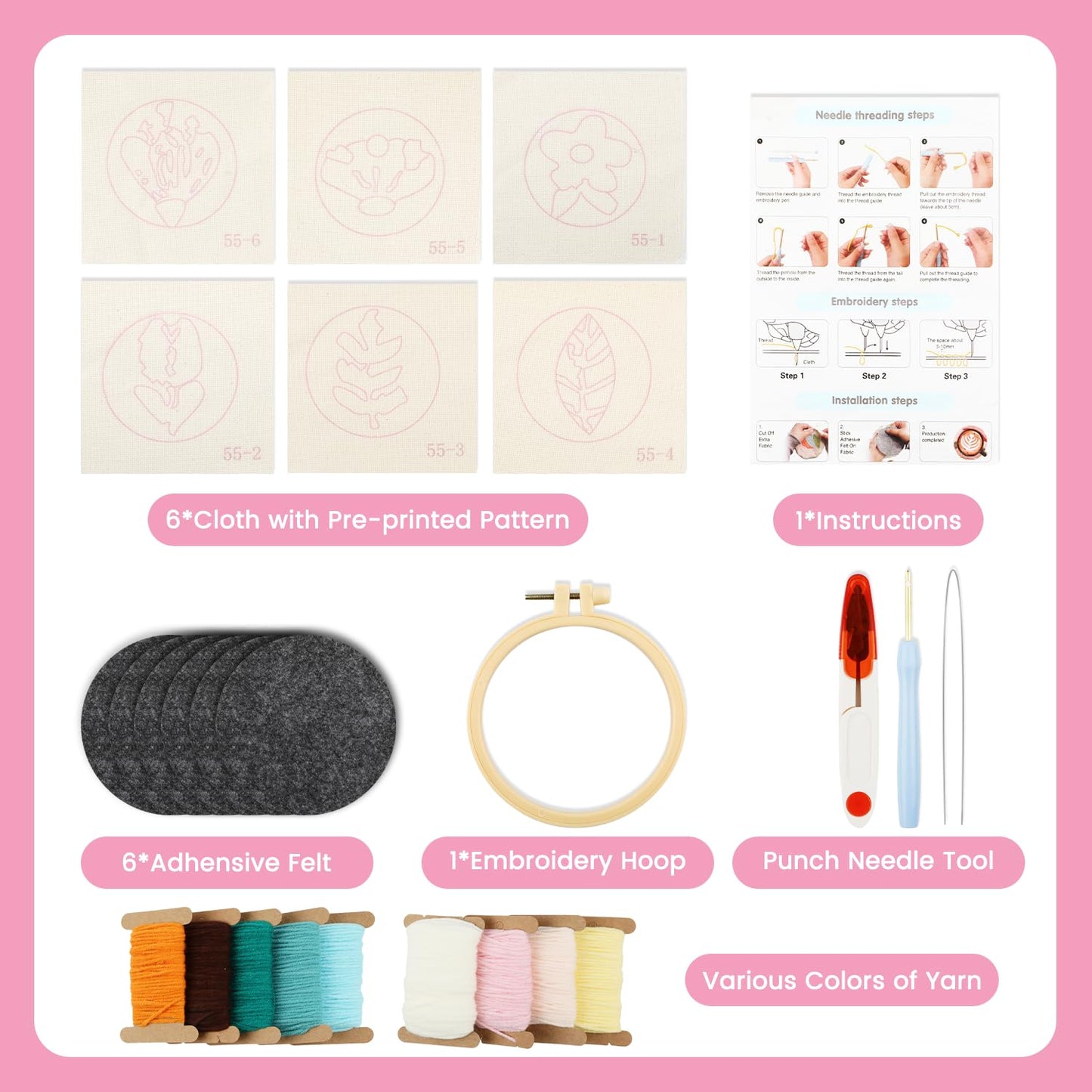 6 Pcs Punch Needle Coaster Kit for Adults Beginner, Plant Floral Punch Needle Embroidery Kit with Yarns, Hoop, Threader, Felt Cloths, Instruction, Coaster Making Supplies for Home Decor, Gift Making