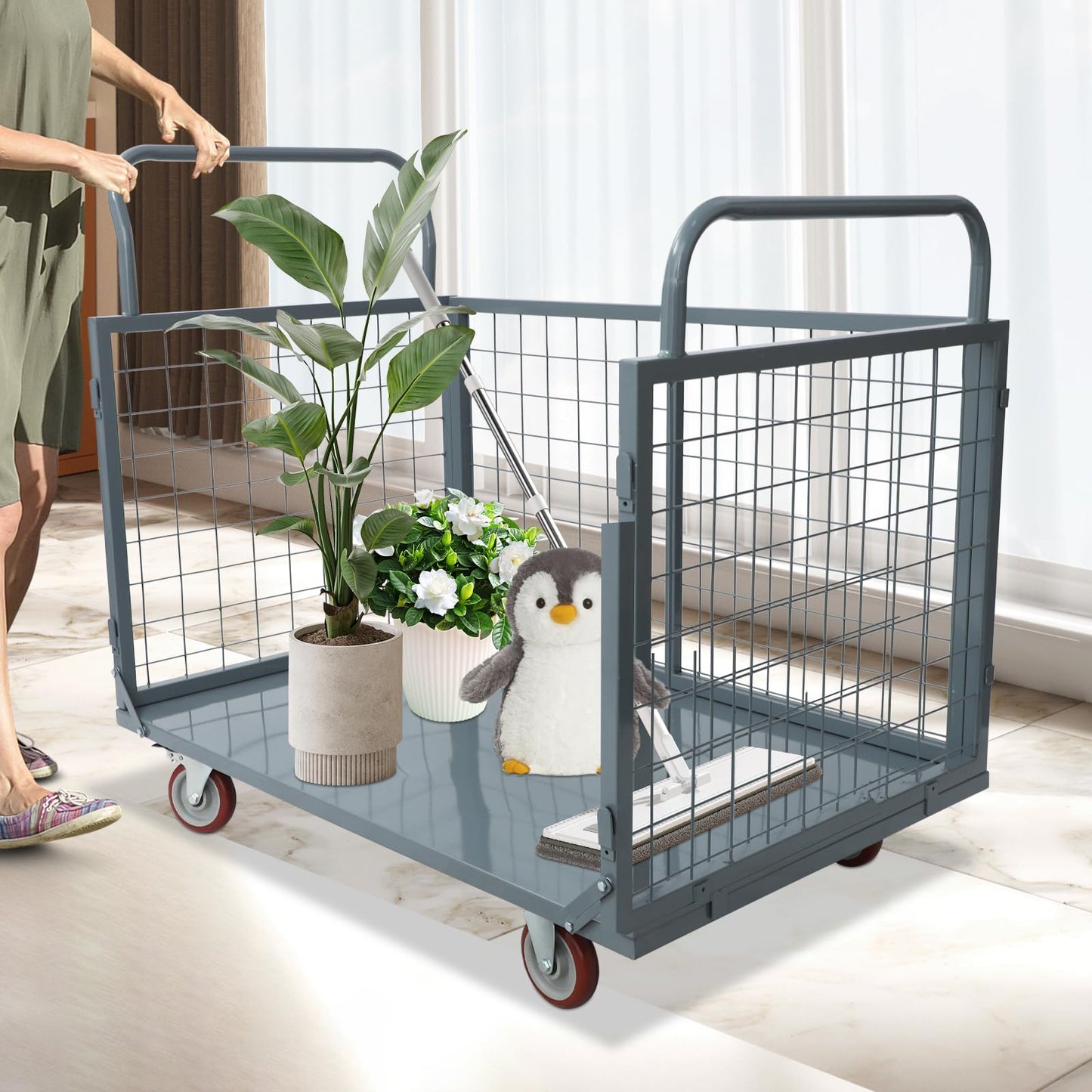 2200lbs Platform Truck Cart with Cage, 5-in-1 Heavy Duty Hand Truck Flatbed Cart with Swivel Casters, Multi-Purpose Push Dolly for Grocery,Laundry,Warehouse,Garage