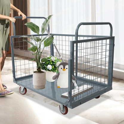 2200lbs Platform Truck Cart with Cage, 5-in-1 Heavy Duty Hand Truck Flatbed Cart with Swivel Casters, Multi-Purpose Push Dolly for Grocery,Laundry,Warehouse,Garage