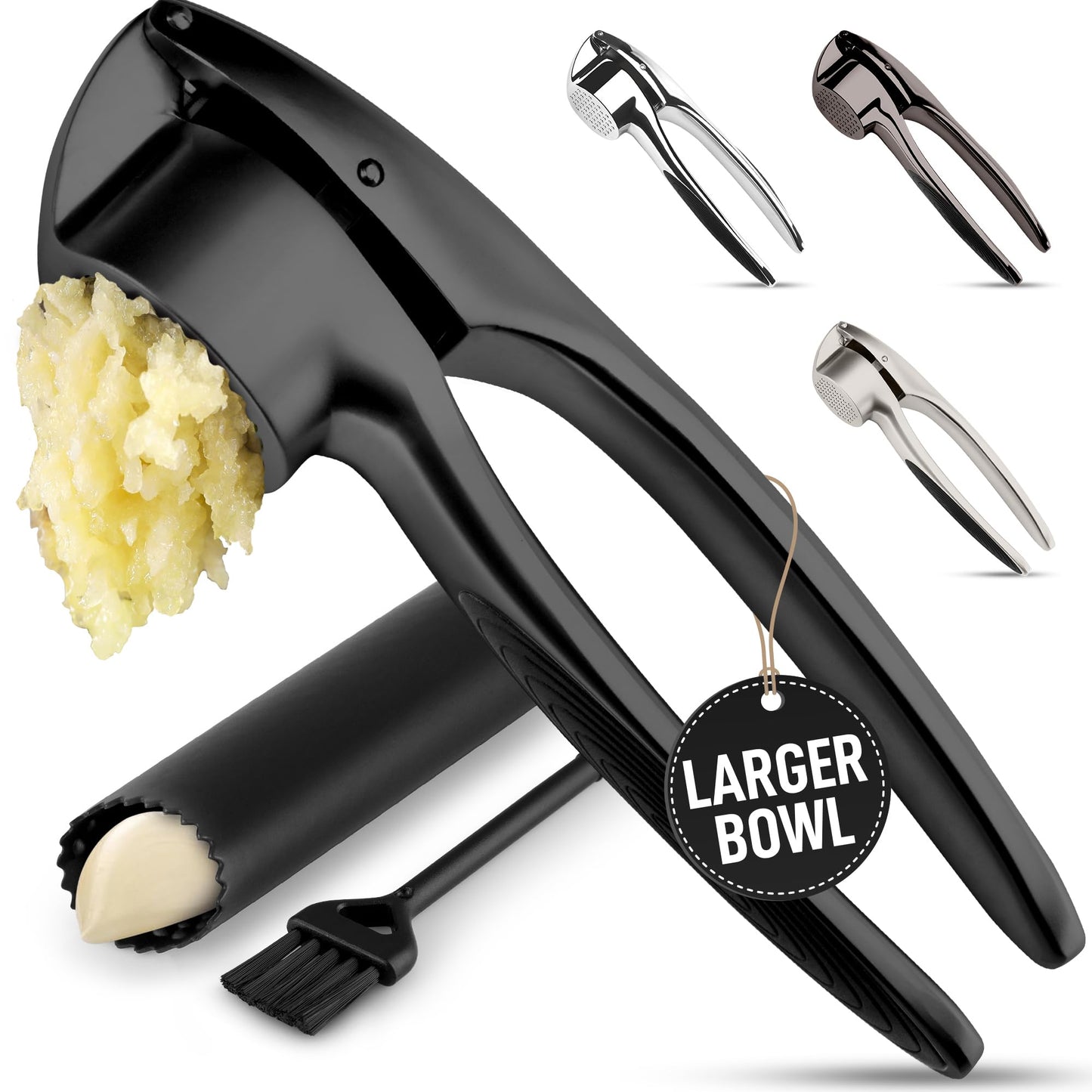 Zulay Kitchen Large Premium Garlic Press Set – Rust Proof & Dishwasher Safe, Bigger Bowl Garlic Mincer Tool with Silicone Garlic Peeler & Brush, Easy Squeeze & Clean, Ergonomic Handle - Black