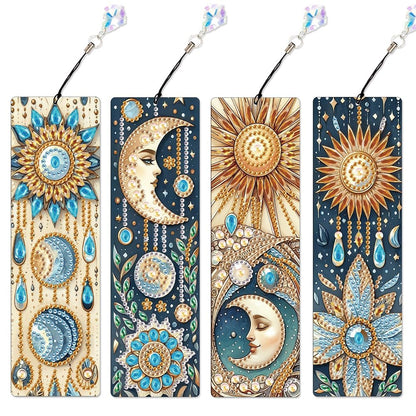 Focart 4 Pack Diamond Painting Bookmark Kits of Sun and Moon, Special Shaped Diamond Art Bookmarks with Pendant, DIY Handmade Crafts Home Office Supplies Reading Bookmark for Book Lovers