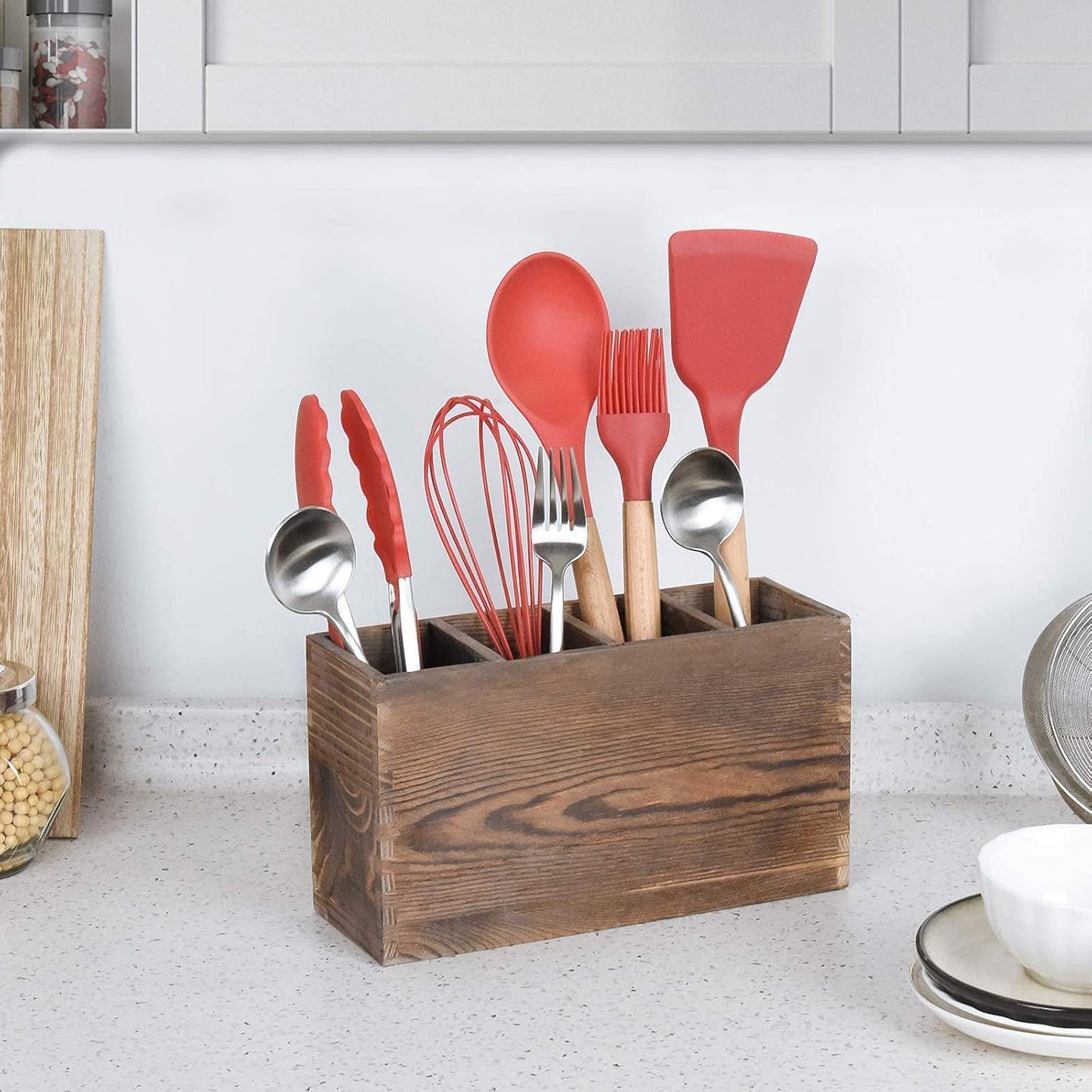WuGeShop 4 Compartment Wooden Utensil Holder, Kitchen Countertop Organizer for Cooking Tools Storage