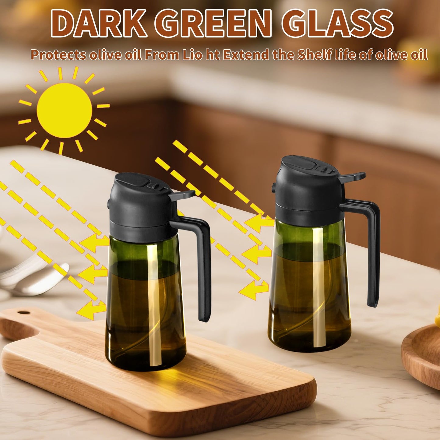 Olive Oil Dispenser and Oil Sprayer – 16oz/470ml Glass Light-Proof Oil Pourer for Kitchen, Air Fryer, Cooking, Salad, and BBQ
