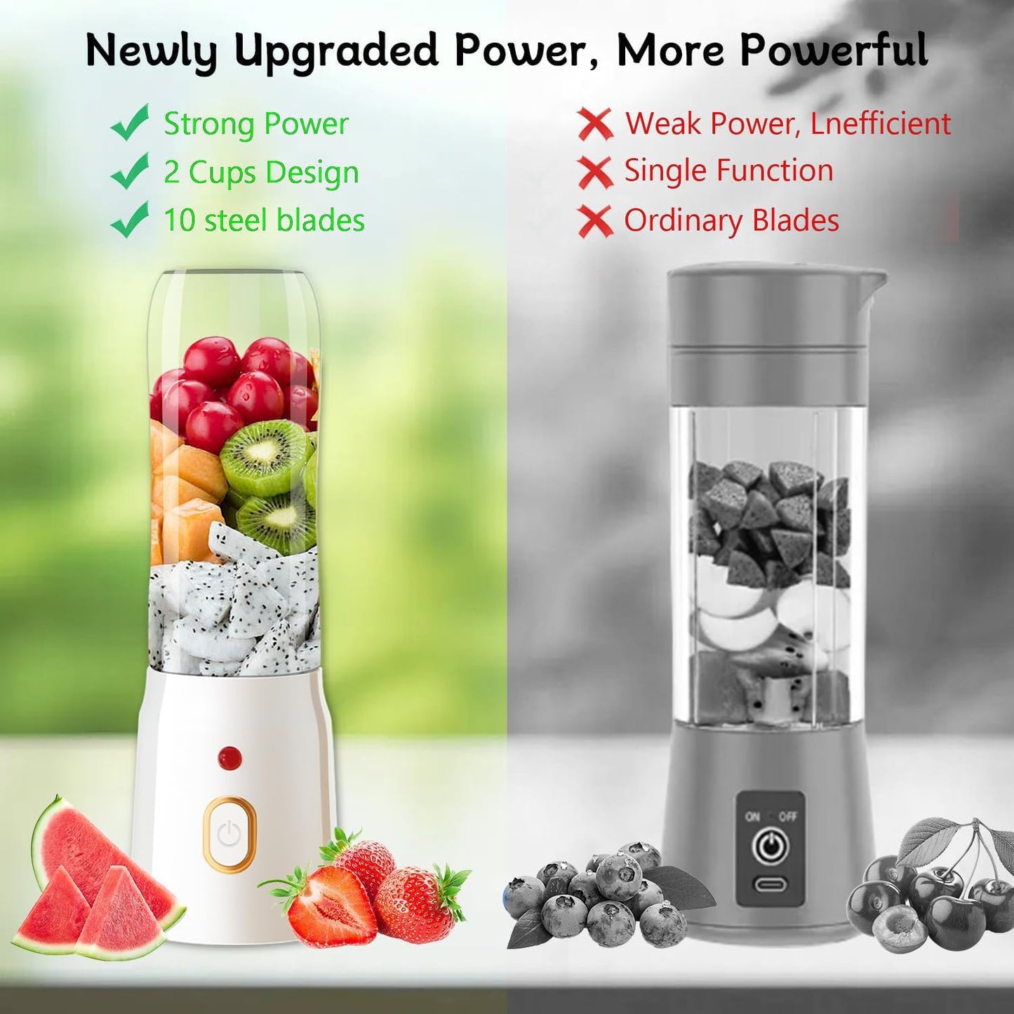 Personal Size Blender for Shakes and Smoothies, 15.6 oz Portable Blender with 10 Blades, Rechargeable Mixers for Travel