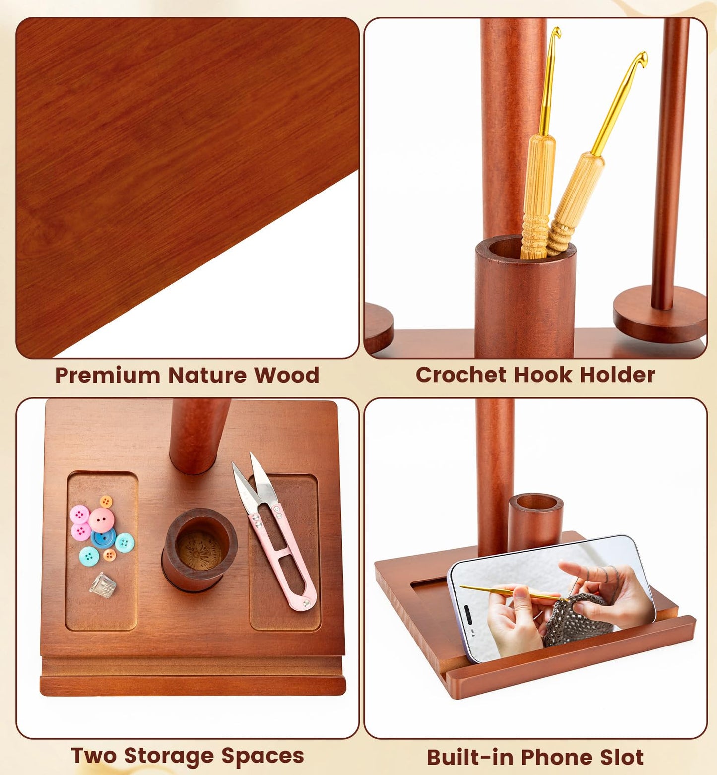 OrbitShell 2-in-1 Yarn Holder for Crocheting and Knitting, Dual Spindle Magnetic Yarn Spinner with Portable Wrist & Shoulder Strap, Wooden Yarn Minder for Home & Travel Use, Crochet Gifts for Crafters