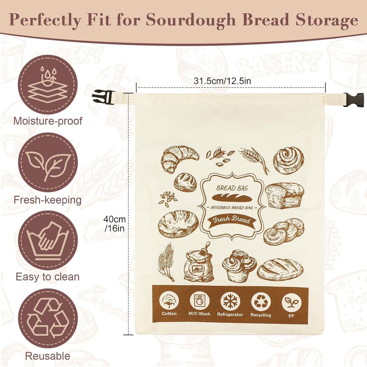 16"x12.5" 1 Reusable Bread Bags for Homemade Bread, Sourdough Bags with Foodgrade TPU Lining, Cotton Bread Bag