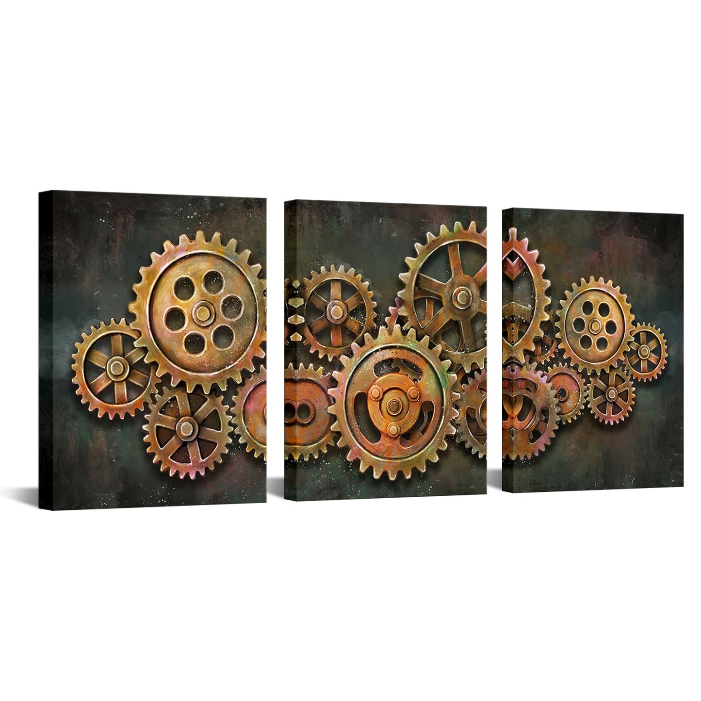 iHAPPYWALL 3 Pieces Abstract Gear Wheel Canvas Wall Art Industrial Steampunk Mechanical Picture Teamwork Gift for Bedroom Home Office Cafe Bar Decor Ready to Hang 16x12inchx3pcs