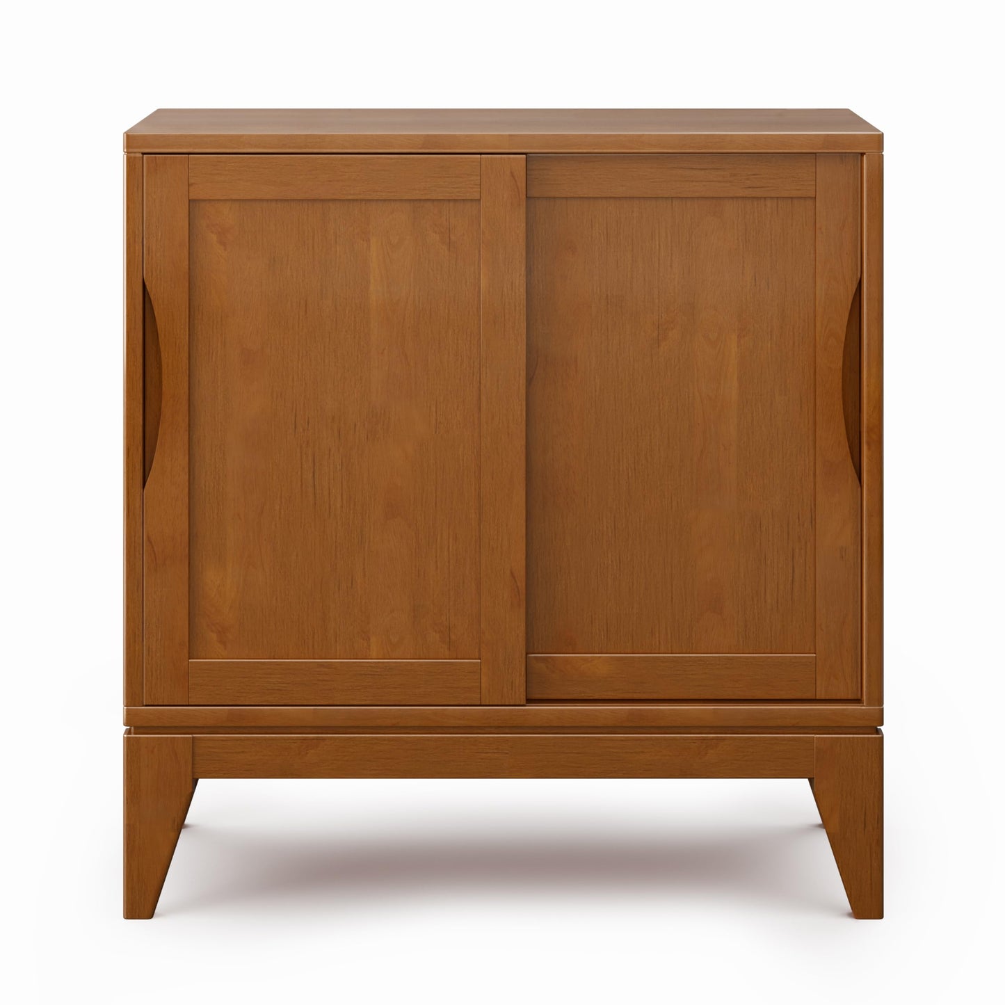 SIMPLIHOME Harper Storage Cabinet - 30 inch Wide Solid Hardwood 2-Shelf Low Console Cabinet in Teak Brown, Mid-Century Modern Cupboard for Living Room with Sliding Doors and Adjustable Shelves