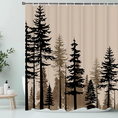 LKFBSC Farmhouse Forest Shower Curtain, Pine Trees Retro Vintage Misty Woodland Fabric Shower Curtains Set, Nature Cabin Cottage Rural Bathroom Curtains with Hooks, Brown Black 72x72inch