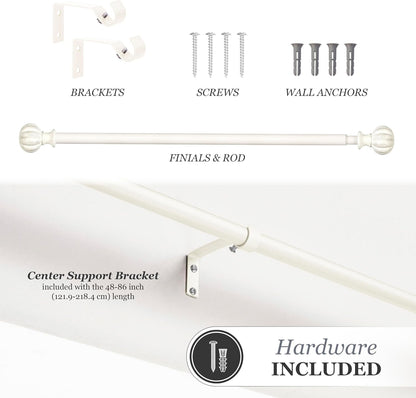 Kenney Rachel Fluted Ball Window Curtain Rod, Adjustable 28-48 Inch, Antique White