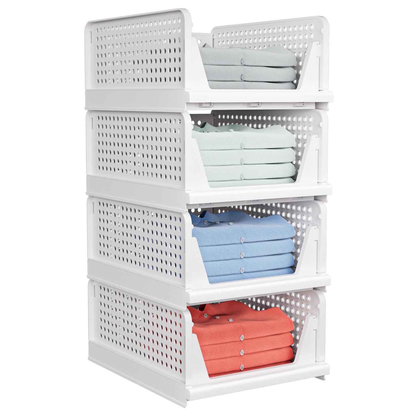 4 Pack Stackable Closet Storage Basket - Stackable Storage Bins, Multifunctional & Foldable Closet Organizer Divided, Wardrobe Cupboard Space-Saving Clothes Storage Hat Organizer, White
