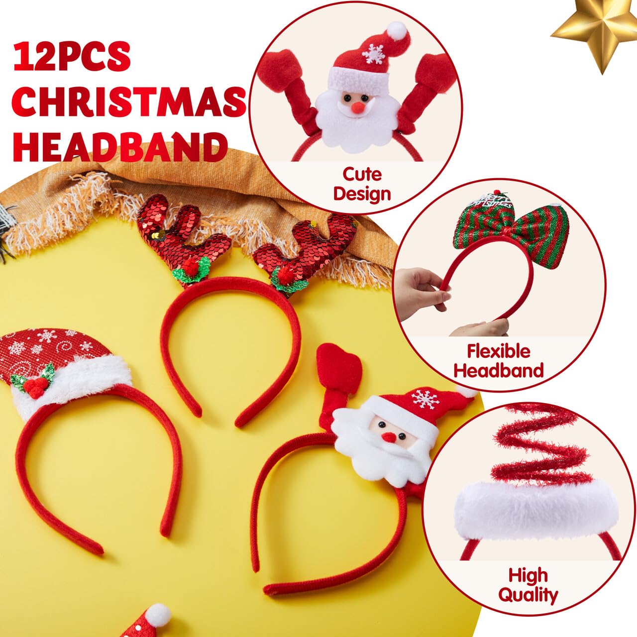 JOYIN 12 Packs Christmas Headbands with Assorted Design Christmas Headwear Holiday Headbands Accessories for Women Men Christmas Parties Xmas Holiday Party Favors Photo Booth (ONE SIZE FIT ALL)