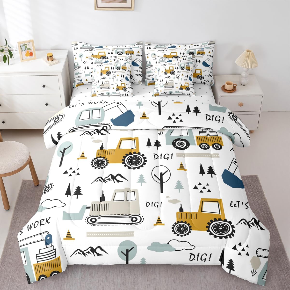 Set 7 Set Set Feelyou Cartoon Car Kids Comforter with Sheets Piece Twin Size Construction Bedding Boys Decor Equipment