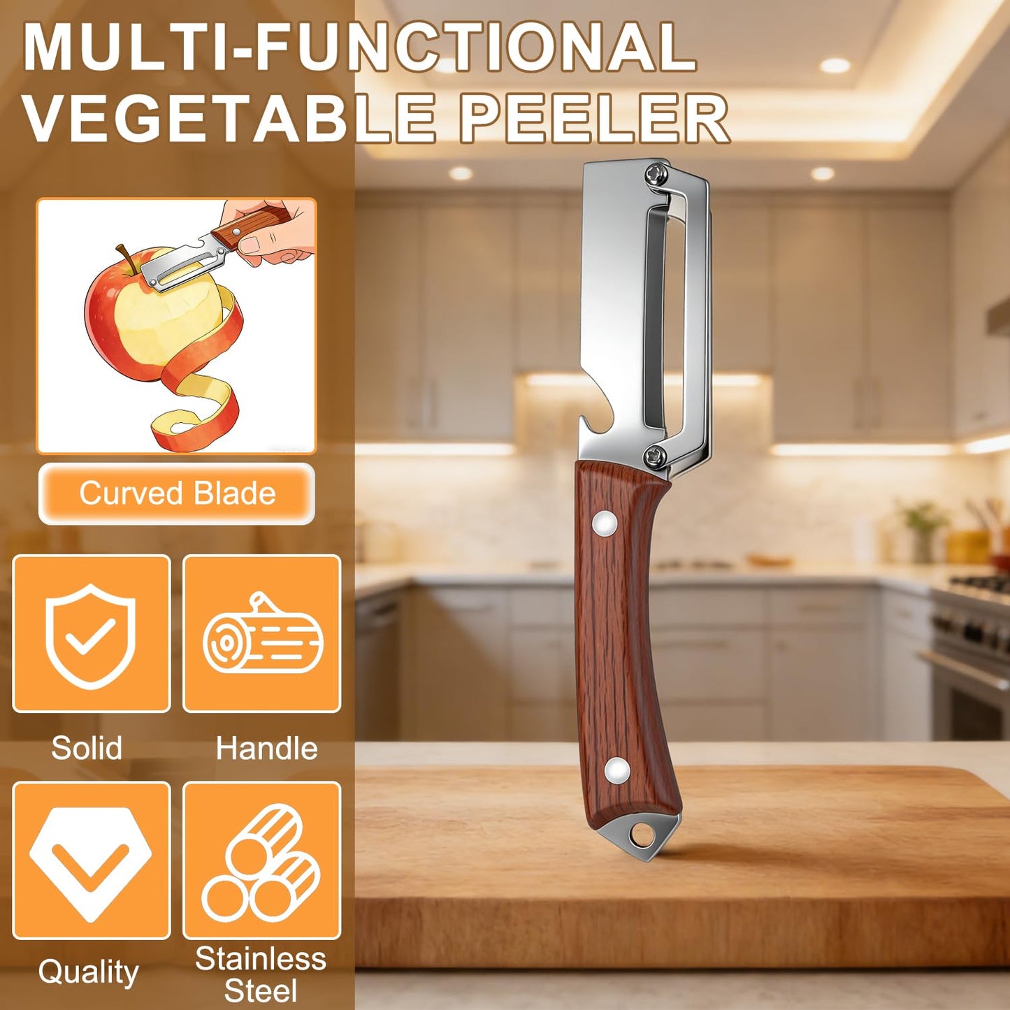 2PCS Premium Vegetable Peeler with Wooden Handle and Bottle Opener, 2026 New Multifunctional 2-in-1 Stainless Steel Kitchen Tool, Contour-Flow for Camping Apple Potato Pumpkin Papaya Peeling (Mix)