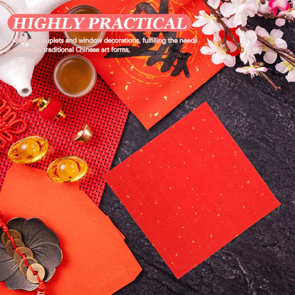 DOITOOL 60 Sheets Chinese Calligraphy Practice Paper Traditional Xuan Rice Paper Pad 8.66X8.66In for Brush Lettering Spring Festival Couplets Lunar New Year Crafts with Gold Fleck Design