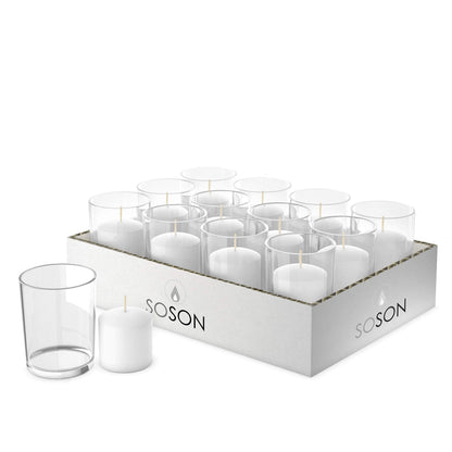 Simply Soson Votive Candles Bulk, 24 White Votive Candles with Glass, 10 Hours Burn time, Small Candles, Bulk Candle, Unscented Candle Votives for Wedding, Birthday, Holiday & Home Decor