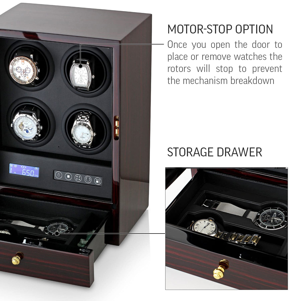Automatic Watch Winder with LED Light, Storage Drawer and LCD Touchscreen Control (Ebony)