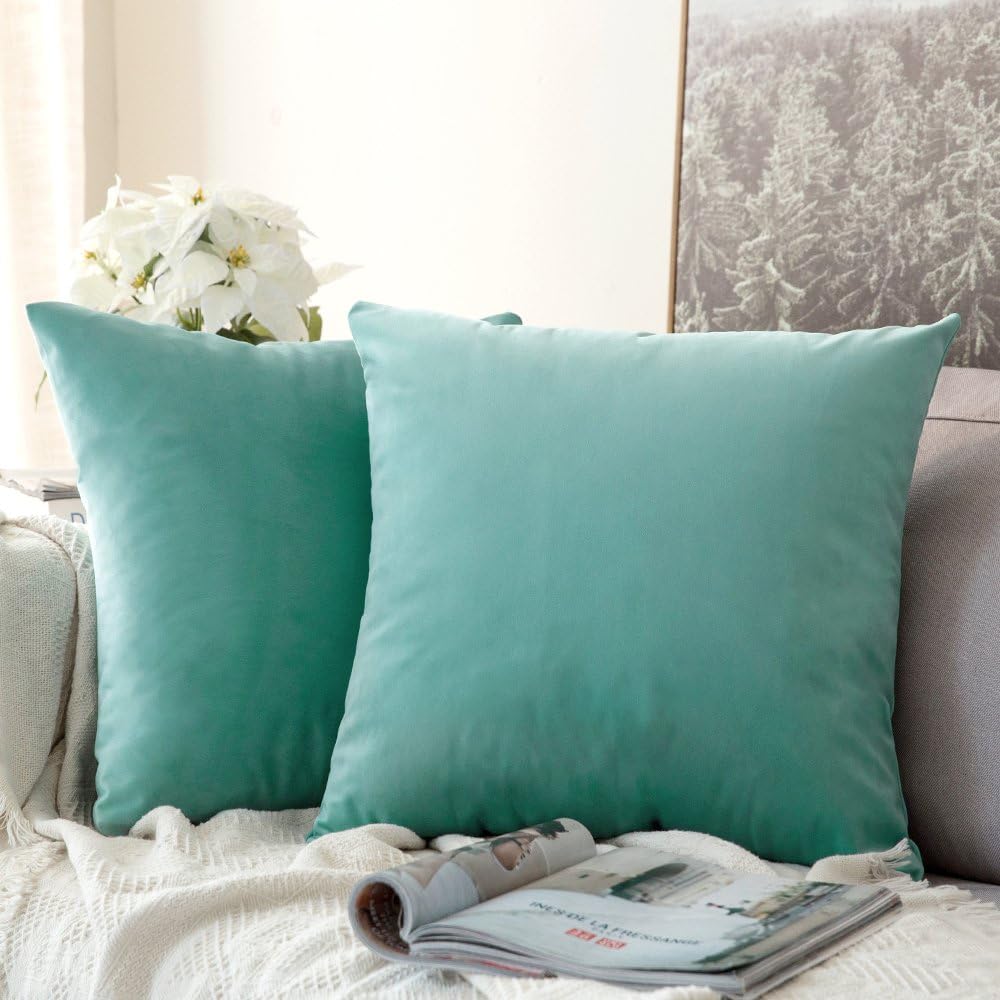MIULEE Pack of 2 Velvet Soft Solid Decorative Square Throw Pillow Covers - 16x16 Inch Aqua Green