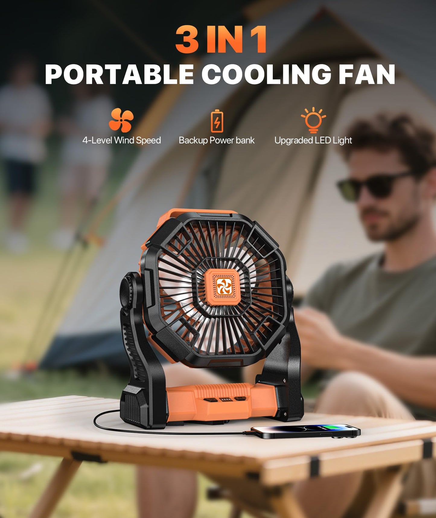 Doviluxe Camping Fan Battery Powered -12000mAh Portable Rechargeable Fans Light, Battery Operated Fan for Camping Hook 4 Speed Quiet Cordless USB Personal Cooling for Desk Home Beach Tent BBQ
