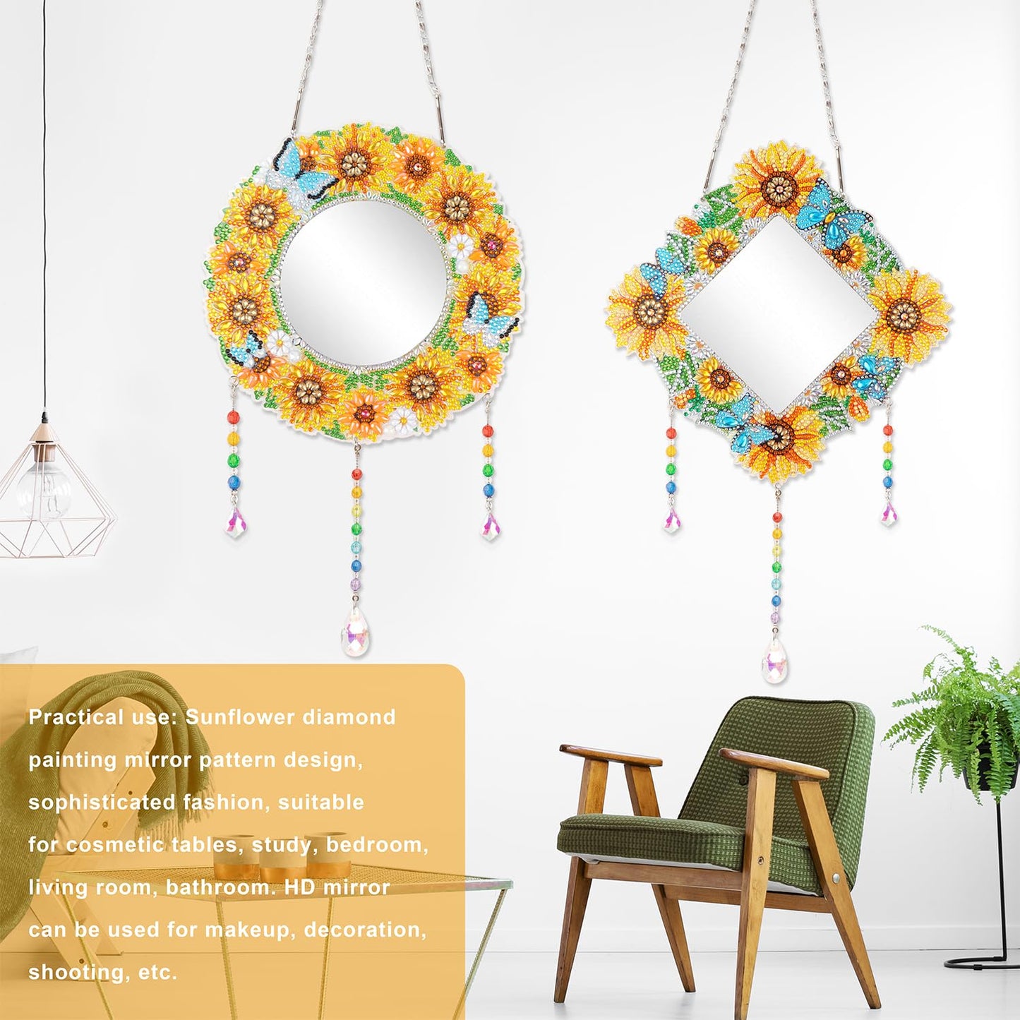LazyFold 2Pcs Diamond Art Painting Mirror,Special Shaped Crystal DIY Diamond Suncatcher for Beginner Arts Crafts Gifts Home Decor Handmade Gift