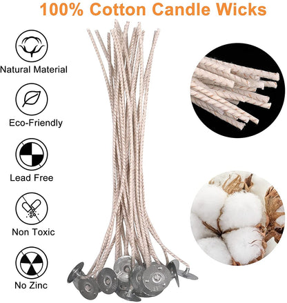 100pcs ECO Wicks for Soy Candles, 6 inch Pre-Waxed Candle Wick for Candle Making,Thick Candle Wick with Base