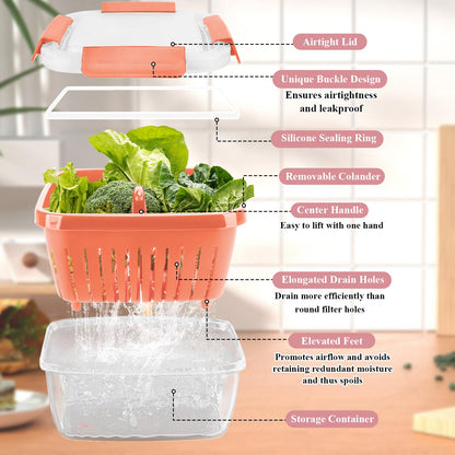50oz Berry Keeper Fruit Storage Container for Fridge, Fresh Food Produce Saver Containers with Removable Drain Colanders, Vegetable Lettuce Keeper Bowl, Refrigerator Organizer, PRESS TO OPEN CLOSE LID