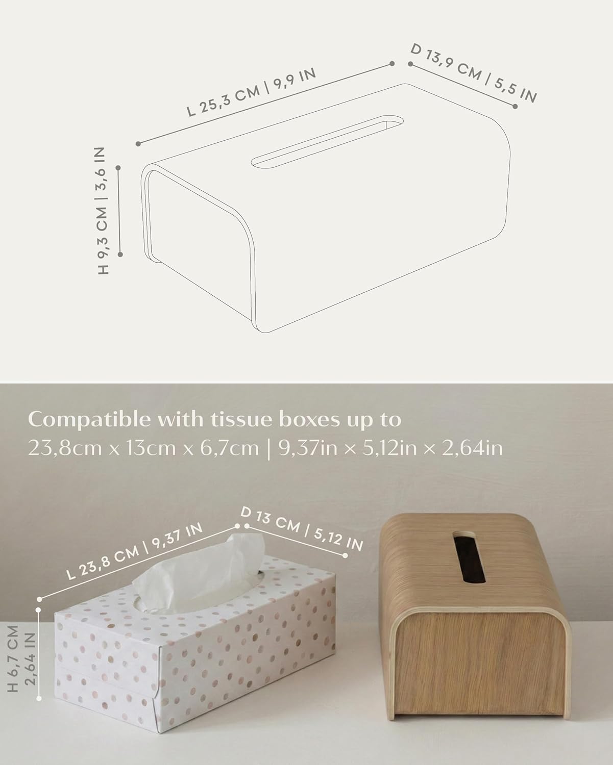 Kazai. Tissue Box Cover 'Toke' | Real Wood Veneer, FSC Certified | Decorative Rectangle Tissue Holder for Bathroom