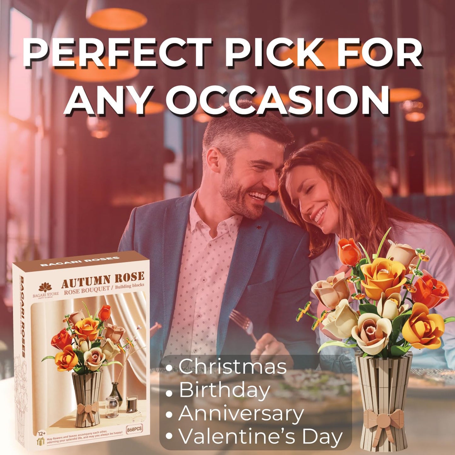 Bagari Roses Bouquet Building Set - Artificial Flowers Building Blocks with Vase, Compatible with Lego Kit for Adults - Collection for Home Office Decor Gifts for Women Men Birthday Anniversary 868PCS