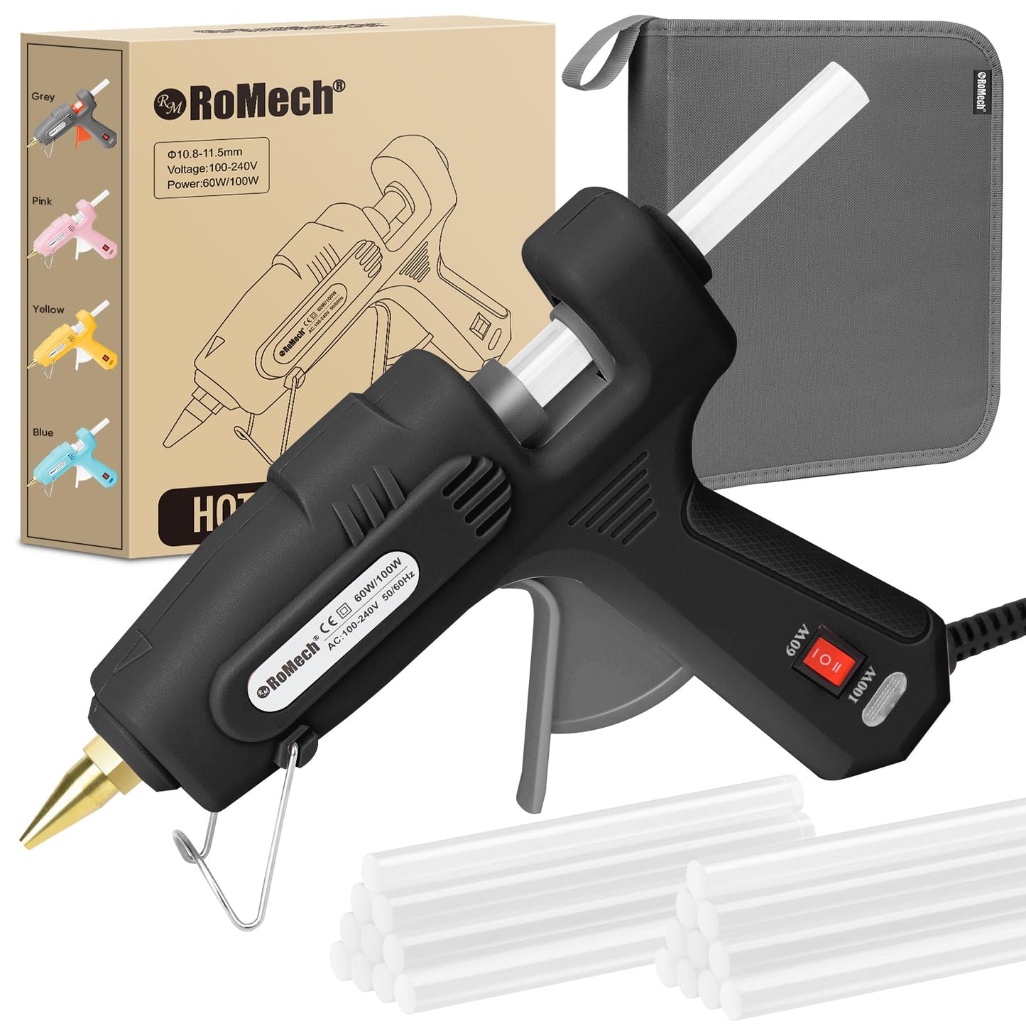 ROMECH Full Size Hot Glue Gun with 60/100W Dual Power and 21 Hot Glue Sticks (7/16"), Fast Preheating Heavy Duty Industrial Gluegun with Storage Case for Crafting, DIY and Repairs (Black)