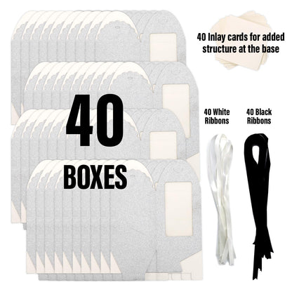 Black Sparkling Favor Boxes-40 Ct Large 4"x4"x5" Clear Window. Includes 2 Ribbons (40 White 40 Black) Stemless Wine Glass Gift Box. Bottom Insert for Durability. Ideal for Weddings, Events, Halloween
