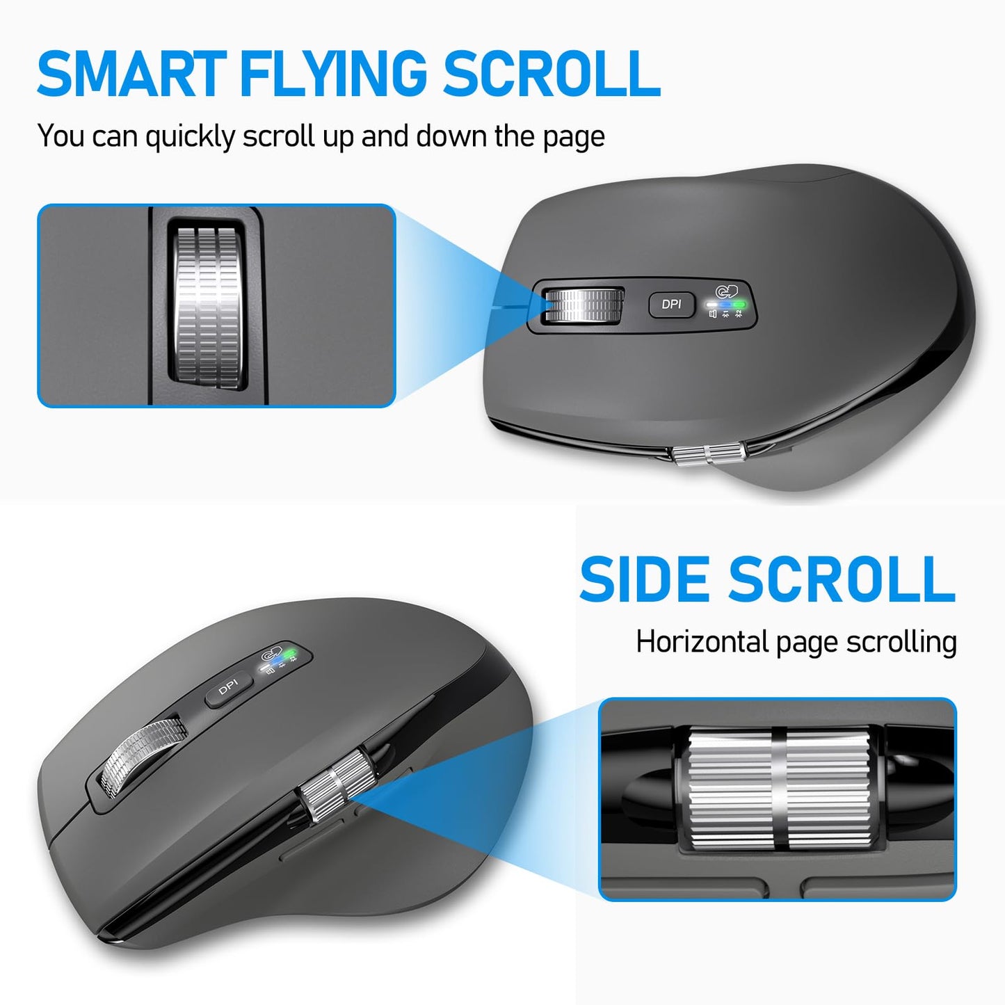 Wireless Side Scroll Mouse with Multi-Device, Ergonomic Computer Mice with Smart Flying Scroll, Quiet Click for Computer, Laptop, iPad, Tablet, MacBook (Grey)
