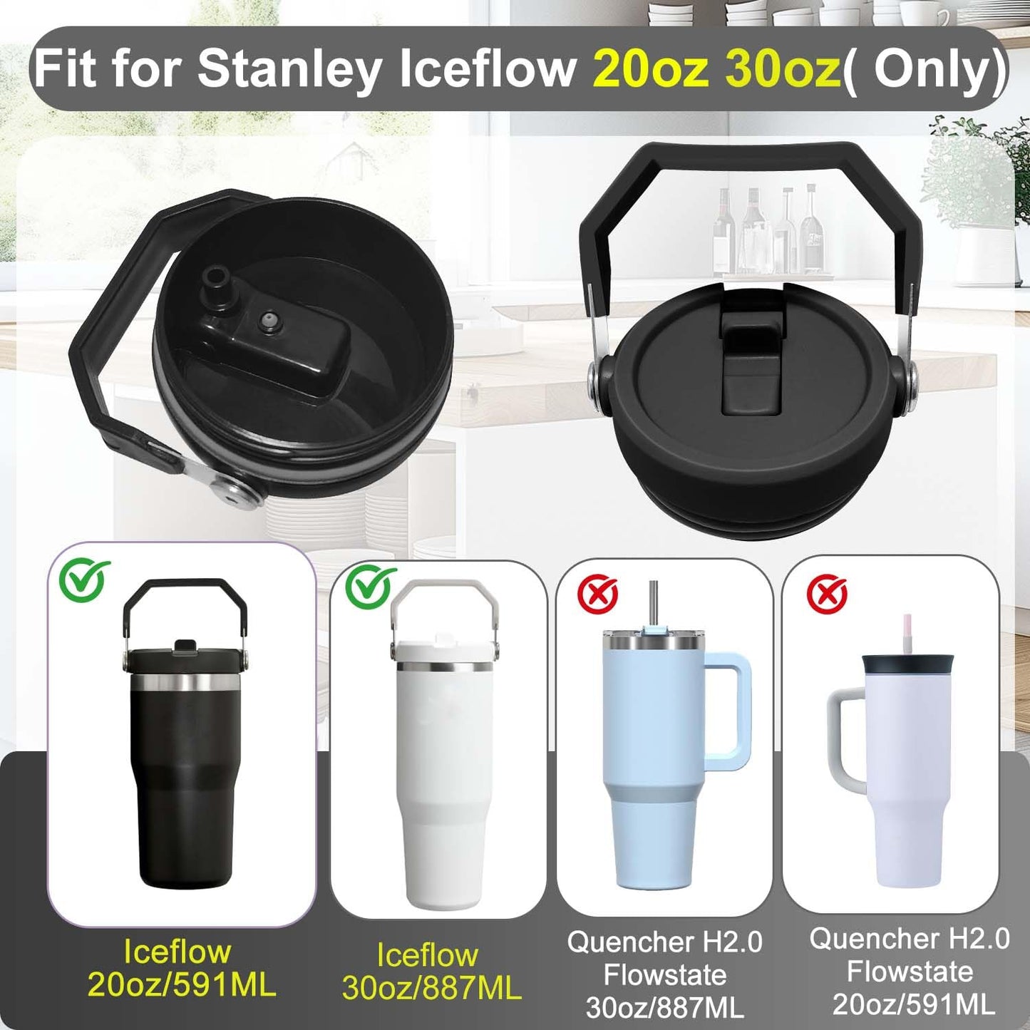 2-Pack Replacement Flip Straw Lids for Stanley IceFlow Tumbler 30oz and 20oz, Spill-Proof Cap with 2 Reusable Straws & 2 Cleaning Brushes, BPA-Free, Easy to Clean(Black)