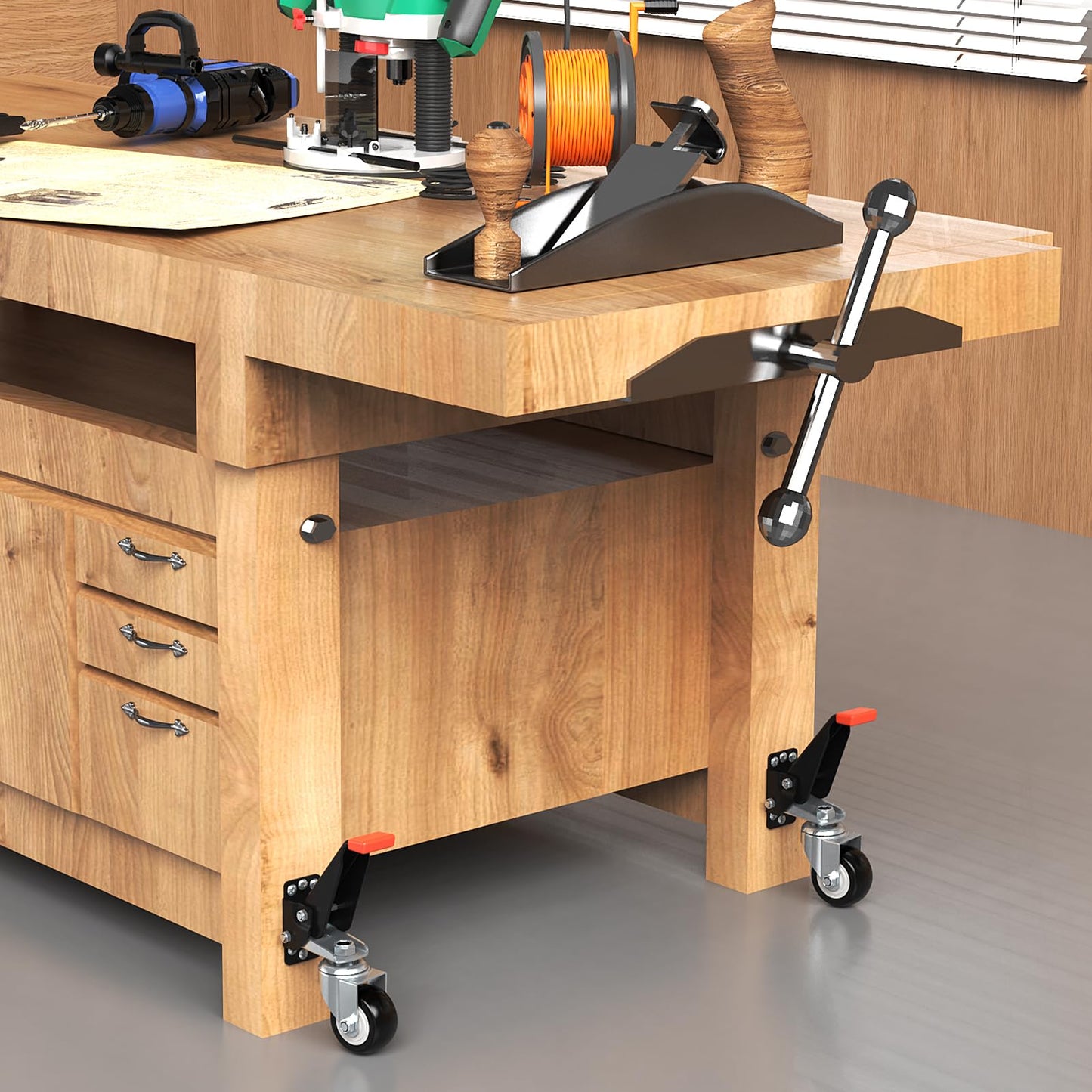 SPACEKEEPER Workbench Casters kit 660 Lbs - Retractable Casters Heavy Duty Bench Caster Wheels Designed for Workbenches Machinery & Tables, 4 Pack