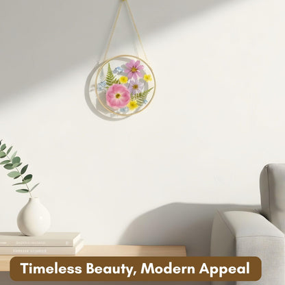 Beedecor Round Pressed Flower Glass Frame with Hanging Chain – Real Dried Flowers Arranged in Crescent Shape | Double Glass Floating Frame Wall Décor | Boho Home & Gift Decoration