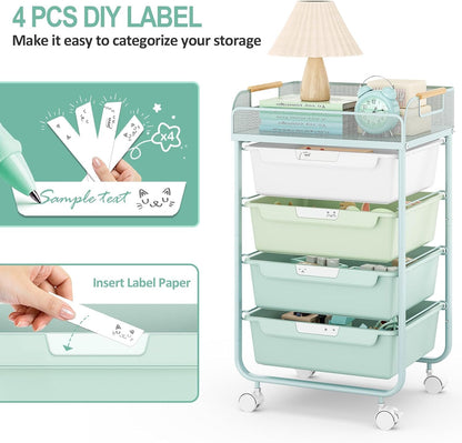 SYKIARIOL 4-Drawer Rolling Storage Cart with Mesh Top, Utility Craft Organizer Cart on Wheels with DIY Labels, Rolling Drawer Cart for Home Office Classroom Bedroom, Green