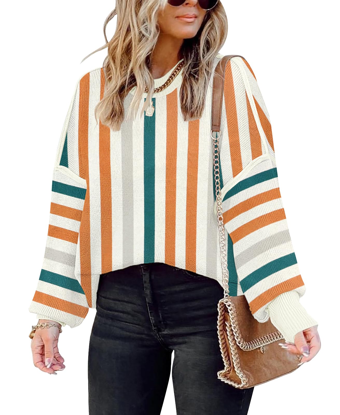 ETCYY Womens Oversized Sweaters Fall 2025 Fashion Clothes Trendy Batwing Sleeve Colorblock Striped Knit Pullover Tops