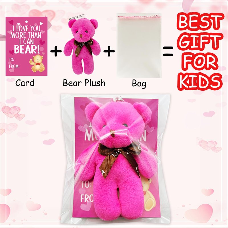 AouEtnay 28 Pack Valentines Day Gifts Cards with Plush Bears Toys, Mini Stuffed Animals with Valentine's Greeting Cards for Kids Classrom School Exchange Prize Party Favors