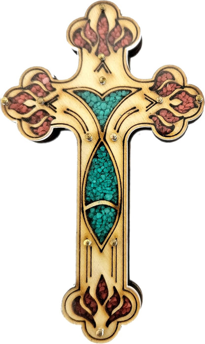 Engraved Wall Cross from Bethlehem - Filled with Semi Precious Stones from The Holy Land - Fish Style (5 Inches)